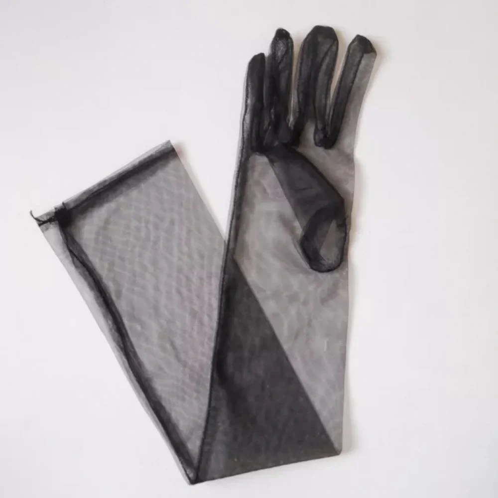 Mesh Kink Long Tulle Crumbling Taffeta Black High Gloves Transparent
